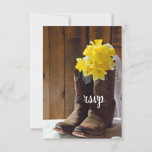 Yellow Daffodils Cowboy Boots Western Wedding RSVP Card (Front)