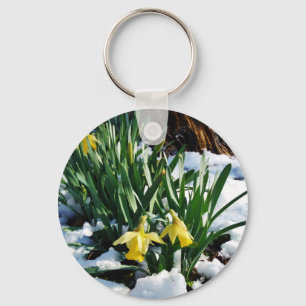 Yellow Daffodils flowers in the snow Keychain