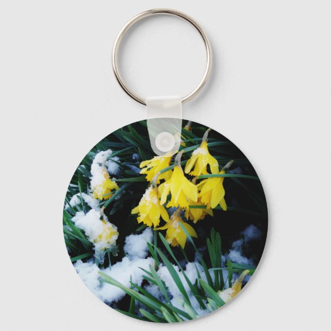 Yellow Daffodils flowers in the snow Keychain (Front)