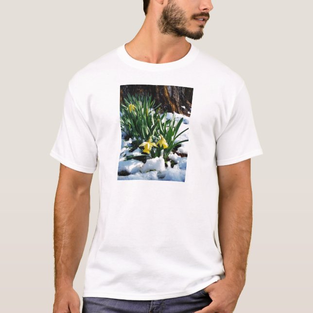 Yellow Daffodils flowers in the snow T-Shirt (Front)