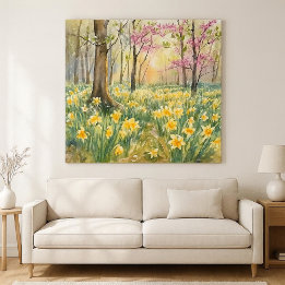 Yellow Daffodils in Spring Forest Watercolor Canvas Print