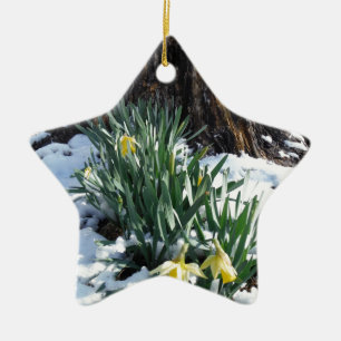 Yellow Daffodils in the snow Ceramic Ornament