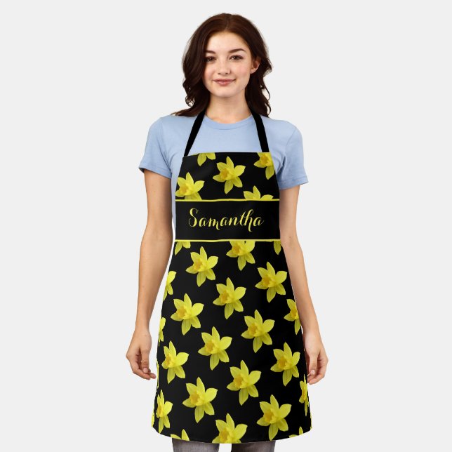 Yellow Daffodils on Black Personalized Apron (Worn)