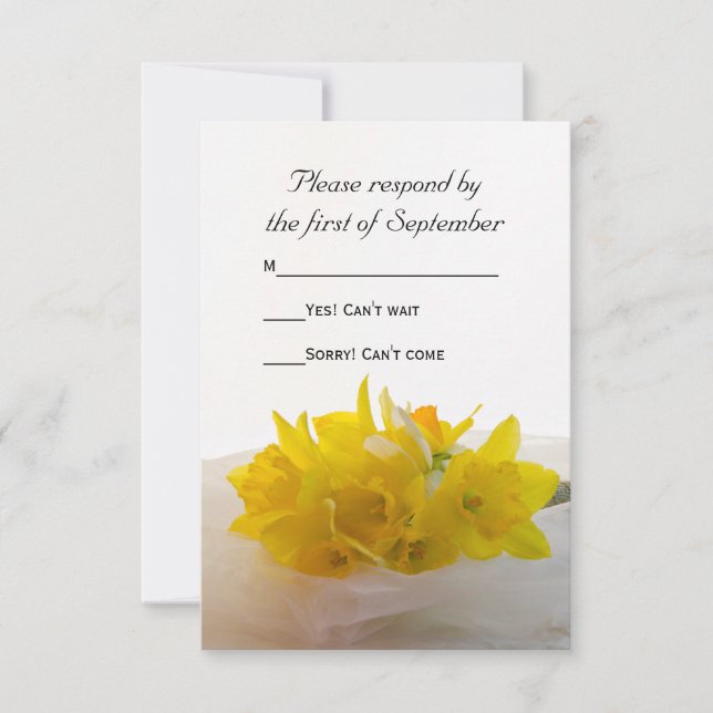 Yellow Daffodils on White Spring Wedding RSVP Card (Front)