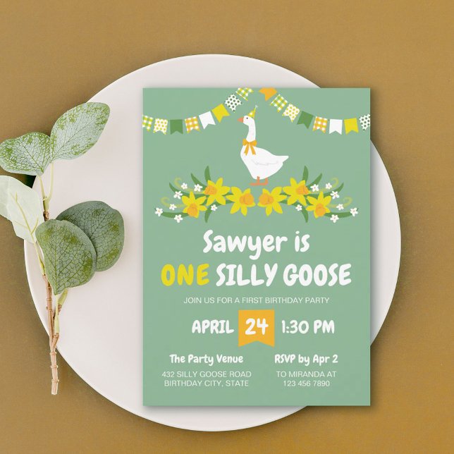 Yellow Daffodils One Silly Goose First Birthday Invitation (Creator Uploaded)