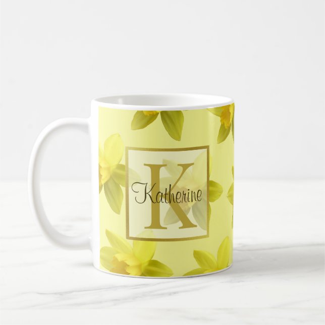 Yellow Daffodils Pattern Monogram Coffee Mug (Left)