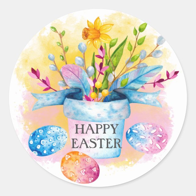 Yellow Daffodils Pink Blue Eggs Happy Easte Classic Round Sticker (Front)