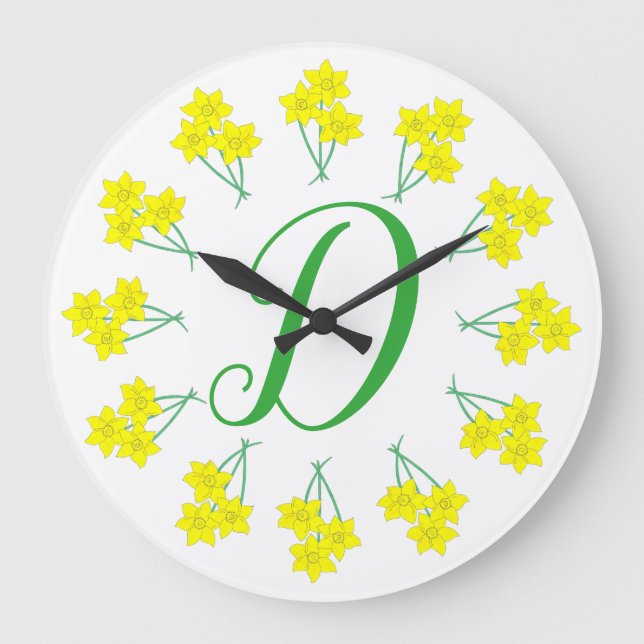 Yellow Daffodils Spring Flowers Bunch Initial Large Clock (Front)