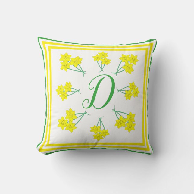 Yellow Daffodils Spring Flowers Bunch Initial Throw Pillow (Front)