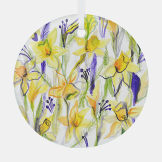 Yellow Daffodils Watercolor Illustration Glass Ornament