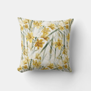 Yellow Daffodils with Green Leaves Throw Pillow