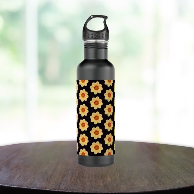 Yellow Dahlia Floral Pattern on Black 710 Ml Water Bottle (In Situ)