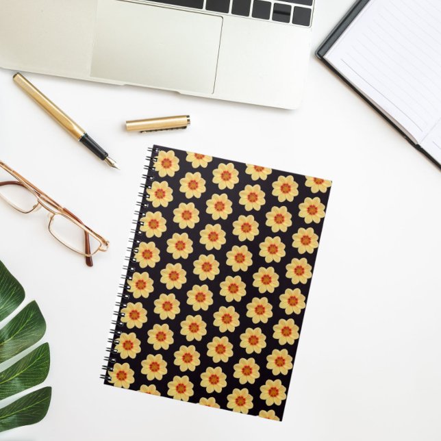 Yellow Dahlia Floral Pattern on Black Notebook (In Situ)