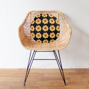 Yellow Dahlia Floral Pattern on Black Round Pillow