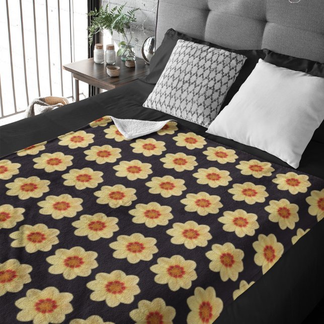 Yellow Dahlia Floral Pattern on Black Sherpa Blanket (In Situ Bed)