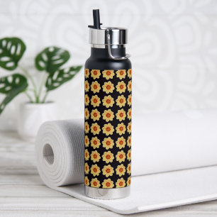 Yellow Dahlia Floral Pattern on Black Water Bottle