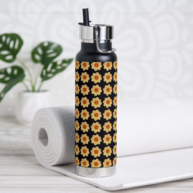 Yellow Dahlia Floral Pattern on Black Water Bottle (Yoga)