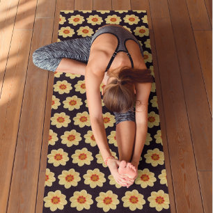 Yellow Dahlia Floral Pattern on Black Yoga Mat