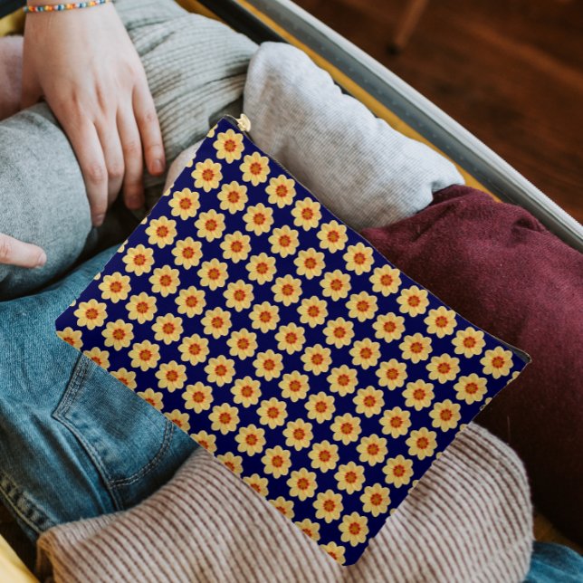 Yellow Dahlia Floral Pattern on Blue Accessory Pouch (In Situ)