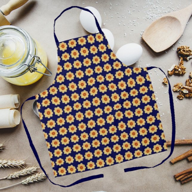Yellow Dahlia Floral Pattern on Blue Apron (In Situ Kitchen)