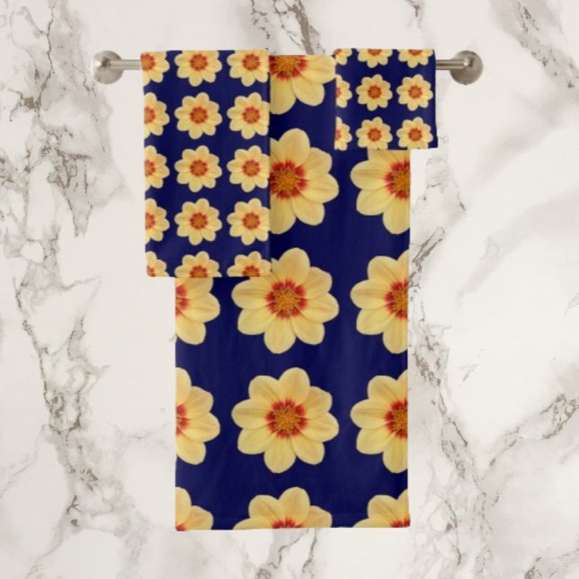 Yellow Dahlia Floral Pattern on Blue Bath Towel Set (In Situ)