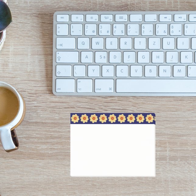 Yellow Dahlia Floral Pattern on Blue Border Post-it Notes (In Situ)