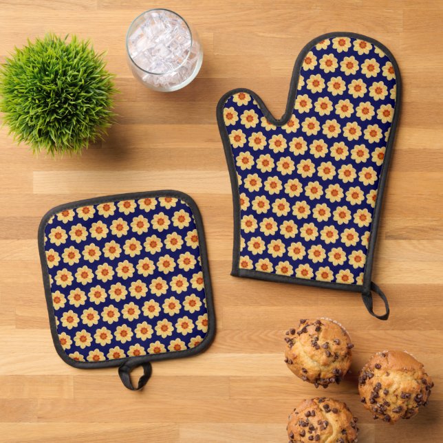 Yellow Dahlia Floral Pattern on Blue Oven Mitt & Pot Holder Set (Top Down)