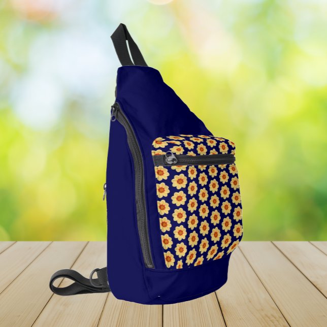 Yellow Dahlia Floral Pattern on Blue Sling Bag (In Situ)