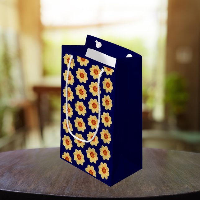 Yellow Dahlia Floral Pattern on Blue Small Gift Bag (In Situ)