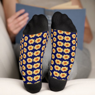 Yellow Dahlia Floral Pattern on Blue Socks
