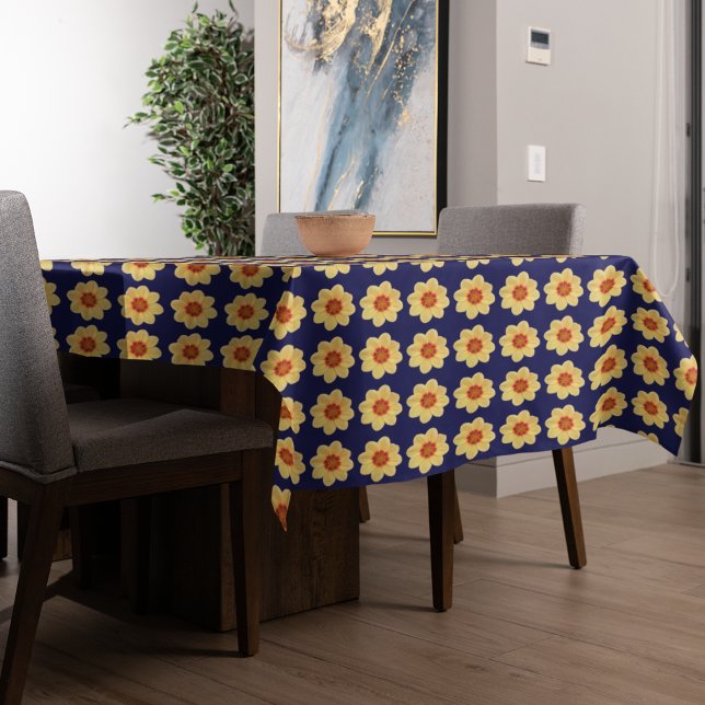 Yellow Dahlia Floral Pattern on Blue Tablecloth (In Situ Table)