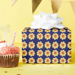 Yellow Dahlia Floral Pattern on Blue Wrapping Paper