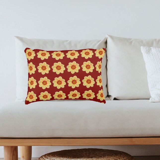 Yellow Dahlia Floral Pattern on Brick Red Accent Pillow (In Situ)