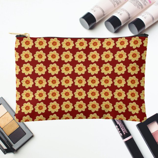 Yellow Dahlia Floral Pattern on Brick Red Accessory Pouch (In Situ)