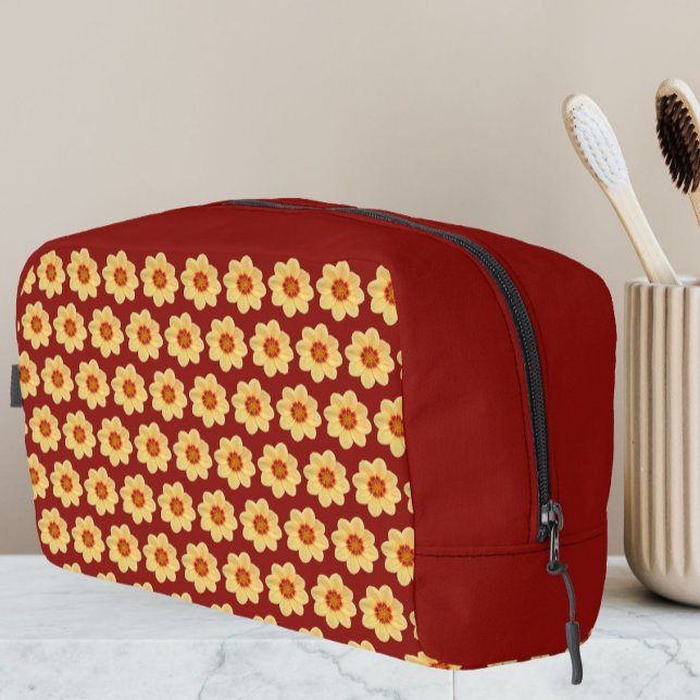 Yellow Dahlia Floral Pattern on Brick Red Dopp Kit (In Situ)