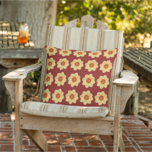 Yellow Dahlia Floral Pattern on Brick Red Outdoor Pillow