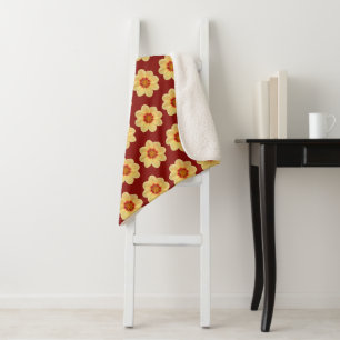 Yellow Dahlia Floral Pattern on Brick Red Sherpa Blanket