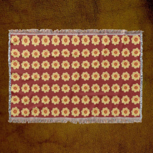Yellow Dahlia Floral Pattern on Brick Red Throw Blanket