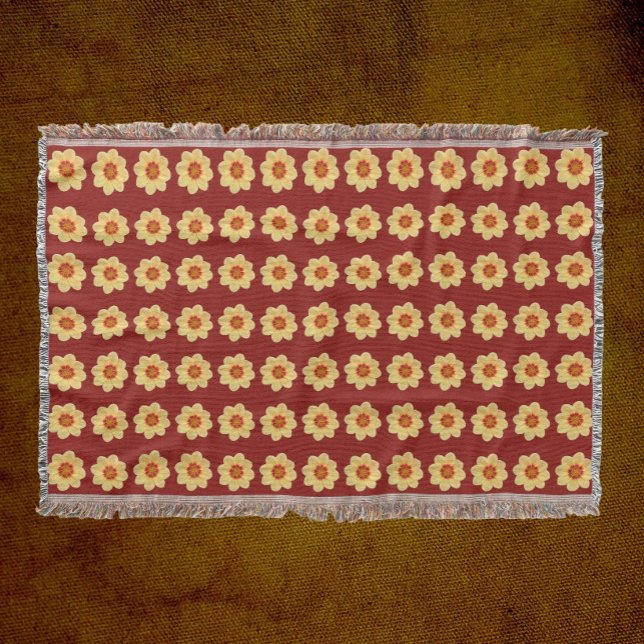 Yellow Dahlia Floral Pattern on Brick Red Throw Blanket (In Situ)