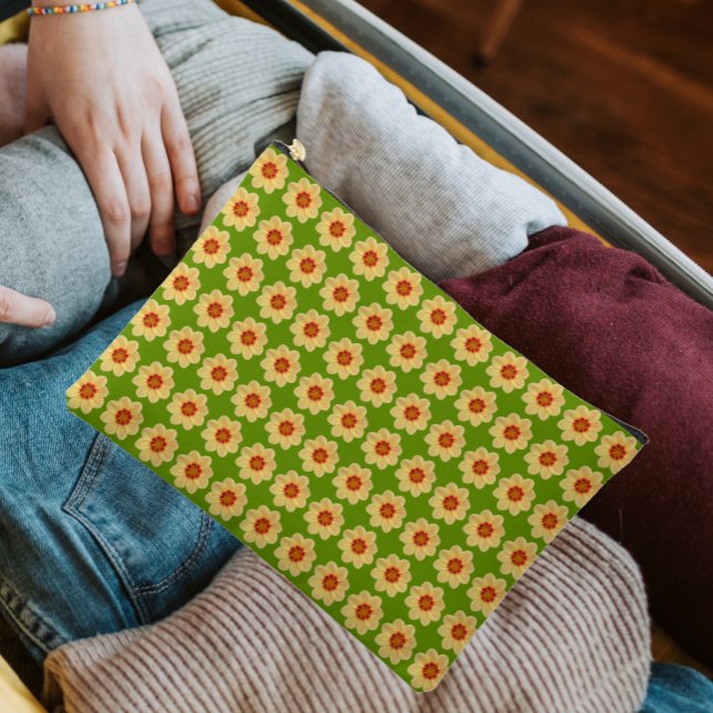 Yellow Dahlia Floral Pattern on Green Accessory Pouch (In Situ)