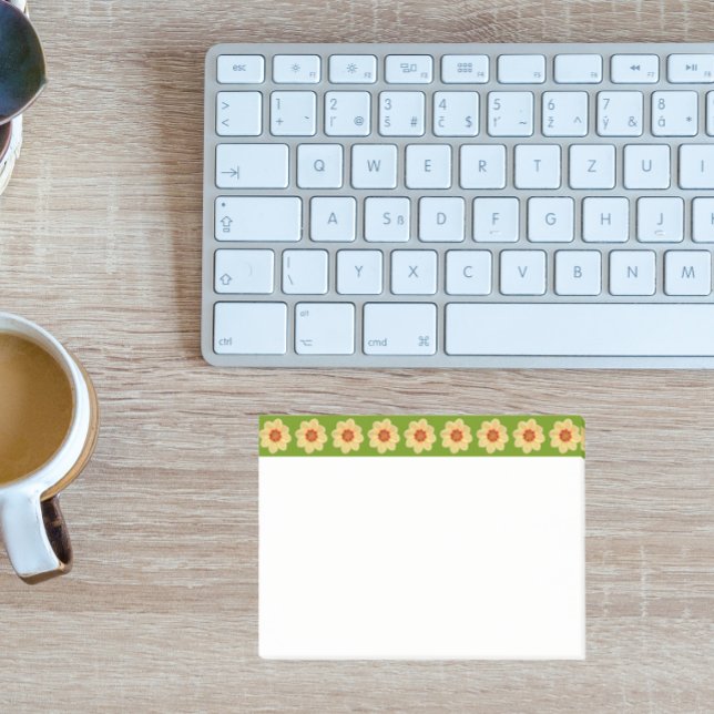 Yellow Dahlia Floral Pattern on Green Border Post-it Notes (In Situ)