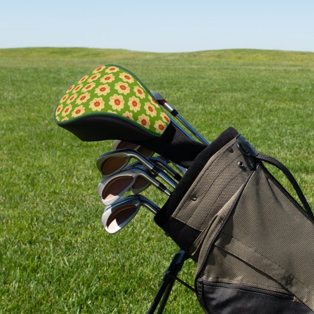 Yellow Dahlia Floral Pattern on Green Golf Head Cover (In Situ)