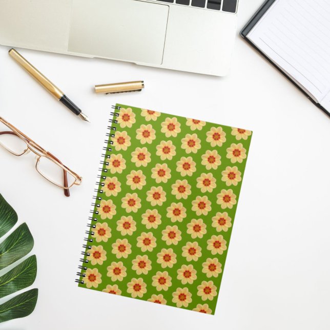 Yellow Dahlia Floral Pattern on Green Notebook (In Situ)