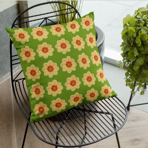 Yellow Dahlia Floral Pattern on Green Outdoor Pillow