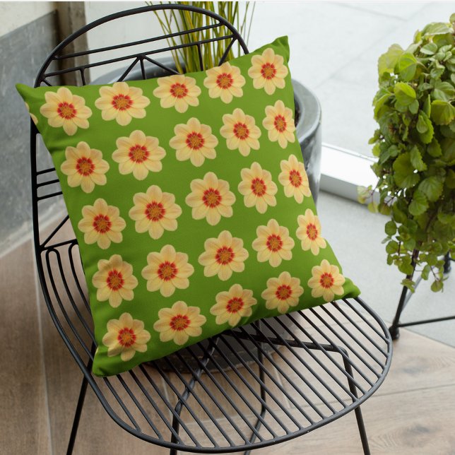 Yellow Dahlia Floral Pattern on Green Outdoor Pillow (In Situ Patio)