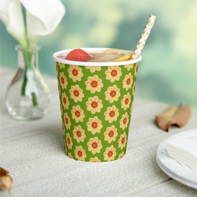 Yellow Dahlia Floral Pattern on Green Paper Cups (Insitu)