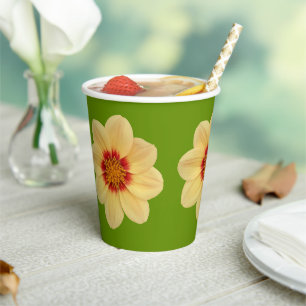 Yellow Dahlia Floral Pattern on Green Paper Cups
