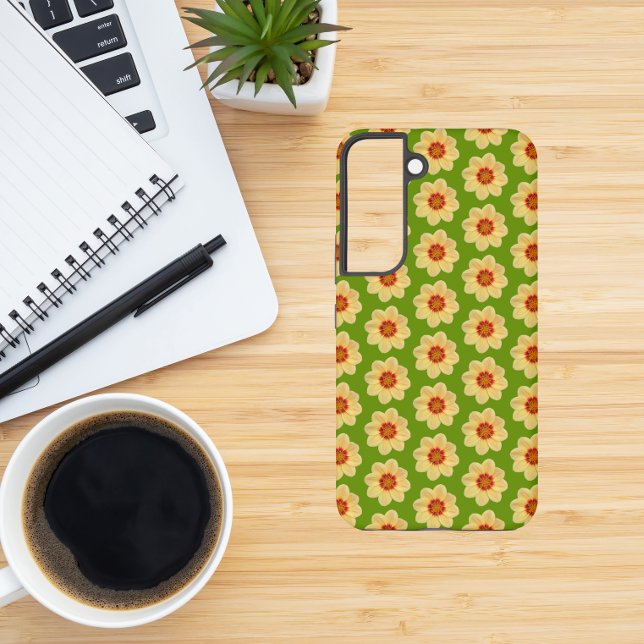 Yellow Dahlia Floral Pattern on Green Samsung Galaxy S22 Case (In Situ)