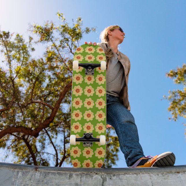 Yellow Dahlia Floral Pattern on Green Skateboard (Outdoor 1)