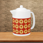 Yellow Dahlia Floral Pattern on Red<br><div class="desc">White ceramic teapot with lid that features the photo image of a yellow Dahlia flower on a red background and printed in a repeating pattern. A fun, floral design!</div>